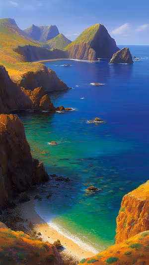 Golden lit seascape coastal cliffs centered on a turquoise background in a warm, natural aesthetic ultra HD image.