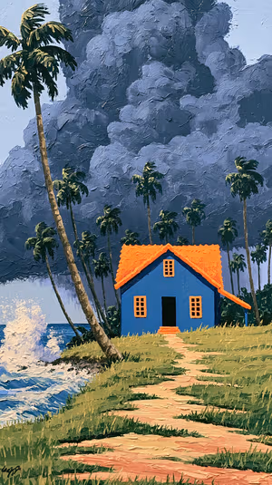 Painterly coastal cottage with orange roof and palm silhouettes on a moody blue gray sky ultra HD wallpaper