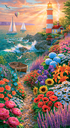 Sunset Lighthouse Garden — iPhone lock screen wallpaper