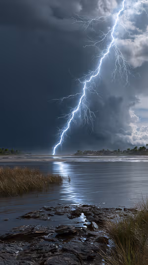Photorealistic coastal lightning bolt over marsh, reflected on dark blue gray water in a moody stormscape ultra HD 8K