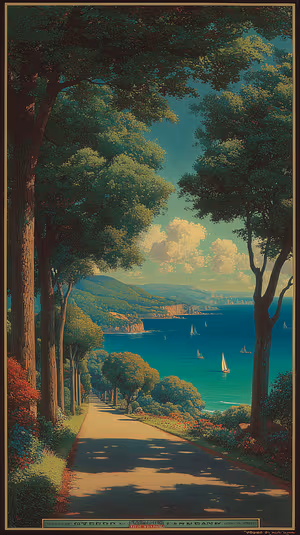 Vintage travel poster–style coastal road framed by trees with sailboats on a teal green sea, ultra hd wallpaper