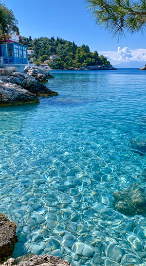 Photorealistic coastal seascape centered on a turquoise background in a natural aesthetic.
