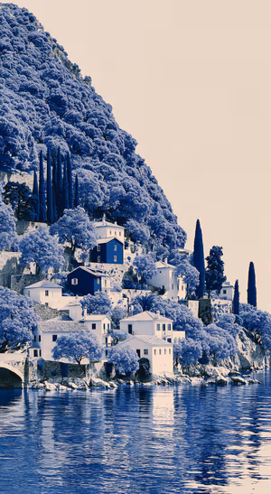 Vintage coastal village centered on a blue background in monochrome aesthetic.