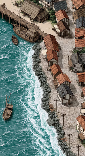 Isometric Coastal Village — iPhone lock screen wallpaper