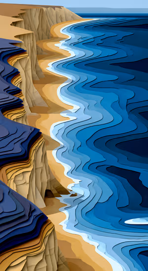 Paper cut layered coastline in blue and sand tones, sculptural ultra hd 8K image optimized for iPhone Lock Screen.