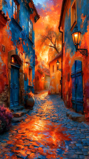 Painterly cobblestone alley centered on an orange and blue background with glowing lanterns in a vibrant painterly aesthetic, ultra hd 8K