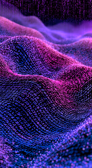 Cyberpunk code waves in purple and blue neon tones with a fluid digital texture