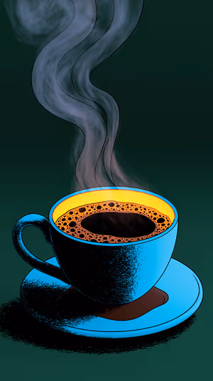 Pop art steaming coffee cup in vivid blue with yellow rim on a deep green field, illustrated with textured ink shading.