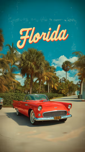 Retro red convertible centered on a turquoise sky background with palm trees in sunlit vintage aesthetic Ultra HD 8K image.