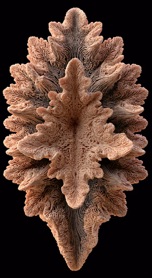 Macro coral formation centered on black background with terracotta beige tones, ultra HD 8K organic texture.