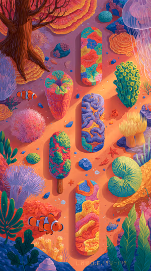 Vibrant illustrative coral popsicles and clownfish on a warm orange teal reef background, ultra HD image