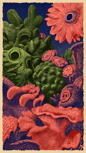 Surreal coral reef with engraving style linework centered on a navy background in vivid pink and green tones.