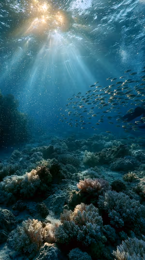 Cinematic underwater coral reef with sunbeams and a school of fish on a teal turquoise seabed ultra hd 8k background.