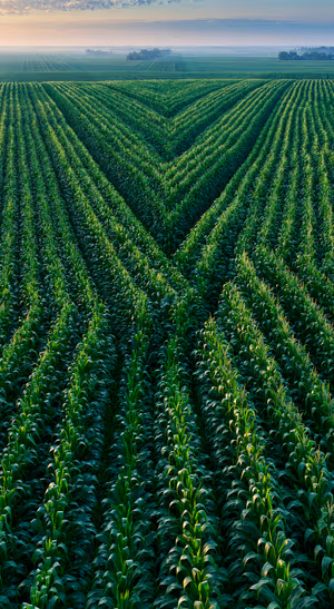 Aerial corn field centered on a lush green landscape with V shaped row symmetry in a natural aerial aesthetic.