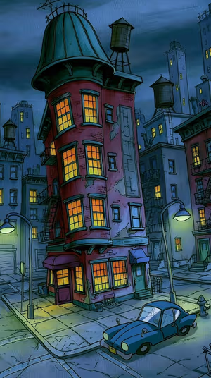 Illustrated corner hotel on a teal blue night street with warm amber windows and a vintage car, ultra hd 8K background