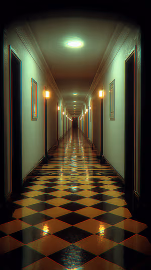 Moody cinematic corridor centered on a black and white checkered floor with warm sconces ultra hd background.