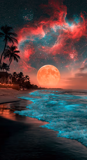 Cosmic beach scene with a coral moon, teal waves, and red nebula in a surreal aesthetic