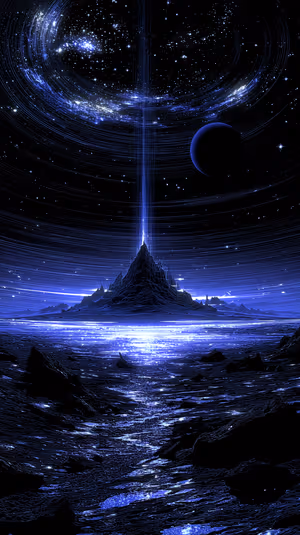 Futuristic cosmic beacon centered on a blue neon background with ringed galaxies and a reflective alien sea ultra HD.