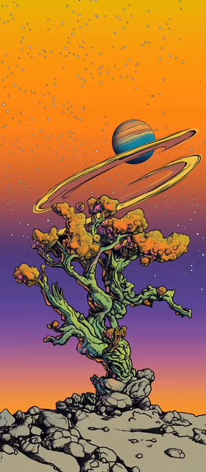 Surreal cosmic bonsai tree centered on a purple teal starry background with a ringed planet, ultra hd wallpaper.