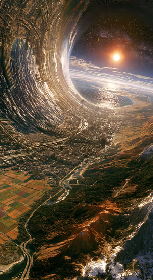 Surreal cosmic cityscape in cinematic style with bronze and gold tones against a star filled dark sky.
