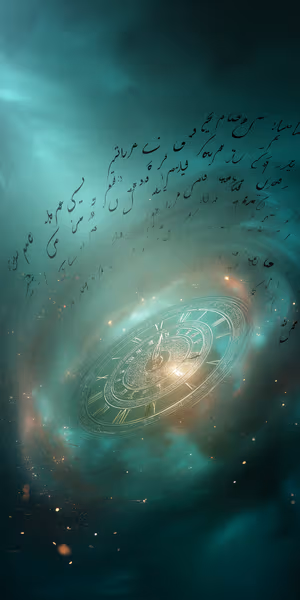 Mystical cosmic clock centered on a teal emerald vortex with ornate Roman numerals and calligraphic script ultra HD 8K background.