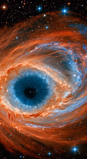 Surreal cosmic eye centered on a black background in a celestial surrealist aesthetic.