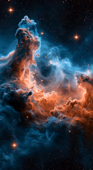 Cosmic nebula in an atmospheric style with blue and orange tones across a deep space background