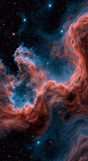 Cosmic nebula in an abstract style with red and teal tones across a star filled black background.
