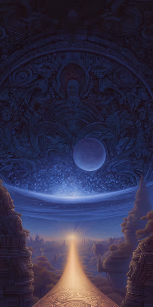 Surreal cosmic pathway centered on gold and blue tones with distant planets, rendered in ultra HD for iPhone screens.