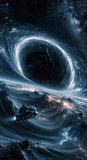 Surreal cosmic vortex and spacecraft in deep blue space with a cinematic galaxy aesthetic.