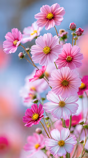 Macro botanical photo of pink cosmos flowers with yellow centers on a soft pastel bokeh background, ultra HD