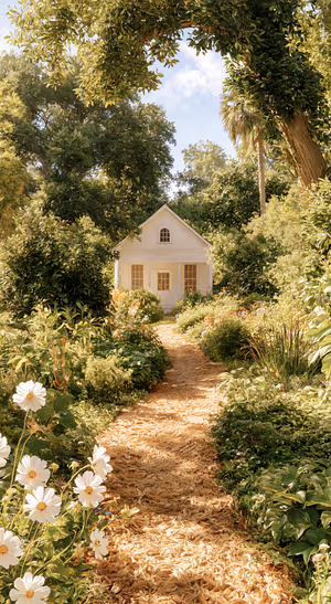 Cottagecore garden path leading to a white cottage in warm green tones