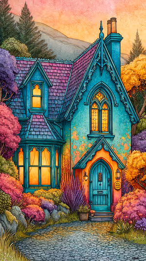 Whimsical illustrated cottage centered on turquoise purple garden background in storybook watercolor aesthetic