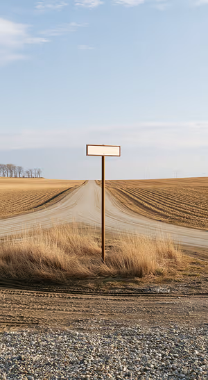 Minimalist country road signpost centered on a blue and beige background in a minimalist aesthetic.