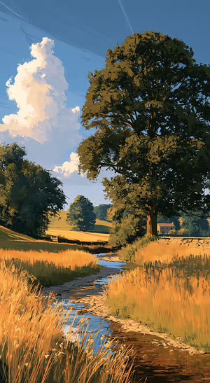 Golden Countryside Stream — iPhone lock screen wallpaper