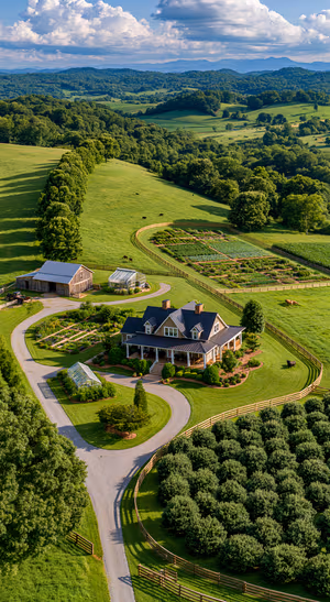 Aerial countryside landscape centered on a green background in scenic nature style.