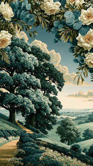 Illustrative botanical countryside with floral garland border in teal and cream tones, ultra hd 8K image