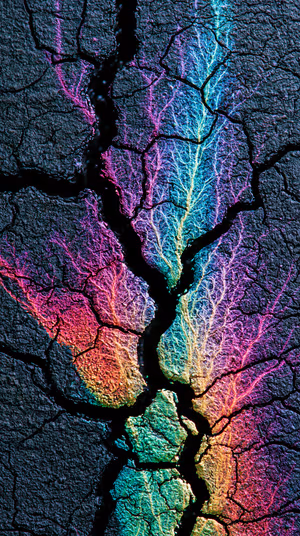Abstract cracked earth fractal with neon rainbow veins on a dark textured background, ultra hd background
