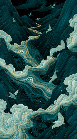 Illustrative crane flight over stylized mountains and flowing river clouds on a deep teal background, ultra HD 8K.