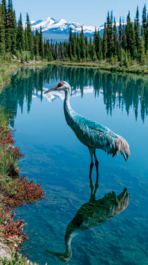 Photoreal crane centered on a turquoise mountain lake background with clear reflection ultra HD 8K image