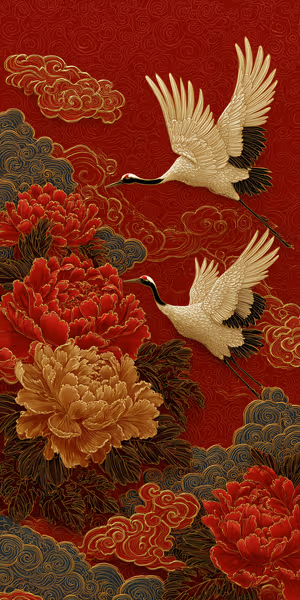 Ornate Chinese style cranes and peonies on a crimson textured red and gold background, ultra hd image.