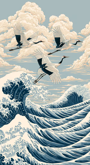 Woodblock Cranes Ocean Waves — iPhone lock screen wallpaper