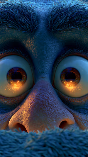 3D stylized creature face close up with blue teal skin and warm orange eye reflections, ultra hd iPhone background