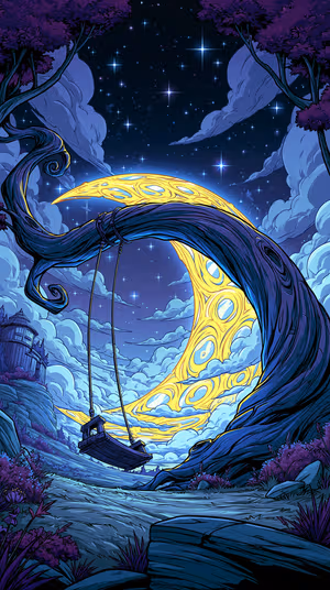 Whimsical crescent moon swing centered on deep blue and gold background in fantasy illustration aesthetic, ultra hd