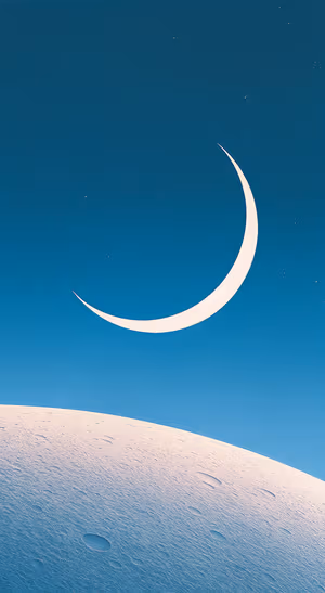 Minimalist crescent moon over a blue lunar surface in a serene space aesthetic.