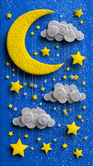 Paper sculpture crescent moon with hanging yellow stars and spiral paper clouds on deep blue speckled background, ultra HD.