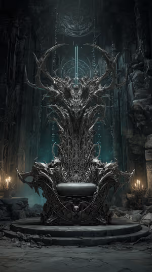 Ornate gothic bone throne with antlers and skull motifs centered in a teal lit cathedral interior ultra HD lock screen image.