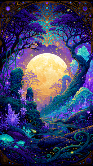 Psychedelic crystal moon grove on a purple and teal background, luminous ornate illustration in ultra HD