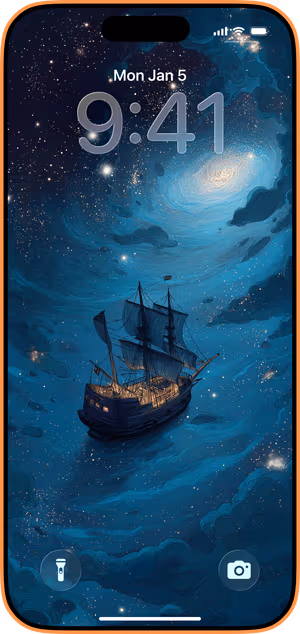 Wallpaper preview on iPhone 17 Pro Max running iOS 26 - Cosmic Sailing Ship