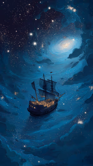 Fantasy illustration of a sailing ship centered on a deep blue swirling galaxy background, ultra hd image